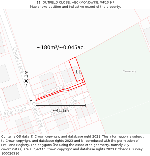 11, OUTFIELD CLOSE, HECKMONDWIKE, WF16 9JF: Plot and title map
