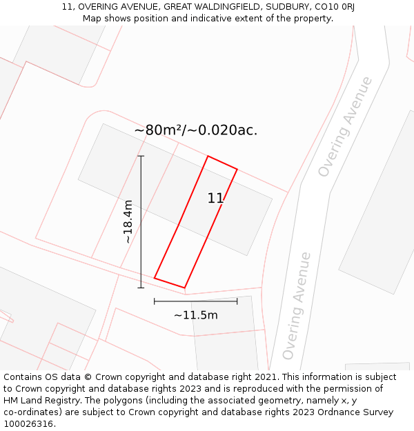 11, OVERING AVENUE, GREAT WALDINGFIELD, SUDBURY, CO10 0RJ: Plot and title map
