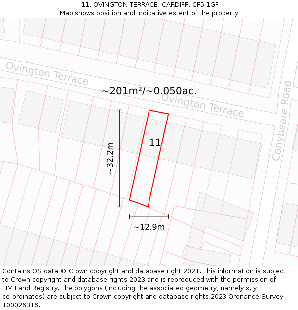 11, OVINGTON TERRACE, CARDIFF, CF5 1GF: Plot and title map