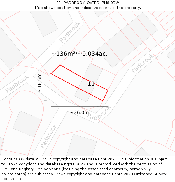 11, PADBROOK, OXTED, RH8 0DW: Plot and title map