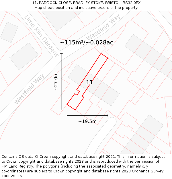 11, PADDOCK CLOSE, BRADLEY STOKE, BRISTOL, BS32 0EX: Plot and title map