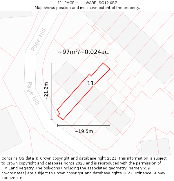 11, PAGE HILL, WARE, SG12 0RZ: Plot and title map