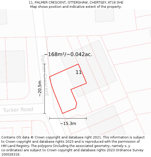 11, PALMER CRESCENT, OTTERSHAW, CHERTSEY, KT16 0HE: Plot and title map