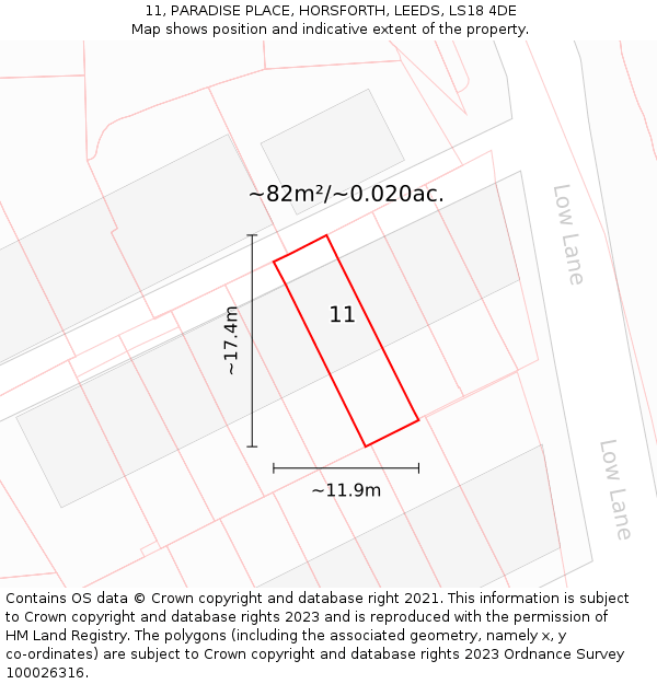 11, PARADISE PLACE, HORSFORTH, LEEDS, LS18 4DE: Plot and title map