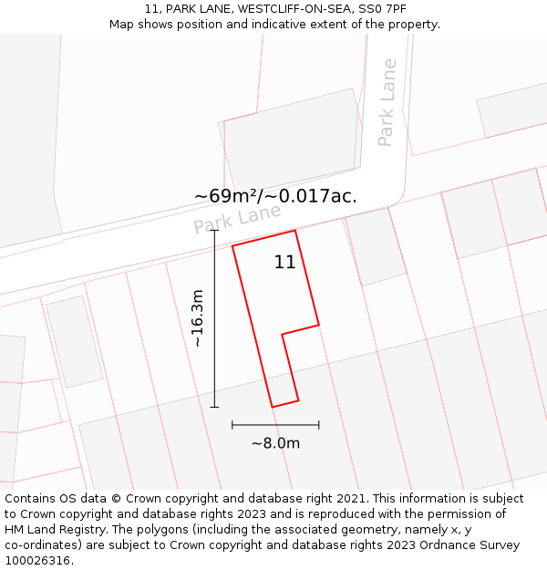 11, PARK LANE, WESTCLIFF-ON-SEA, SS0 7PF: Plot and title map