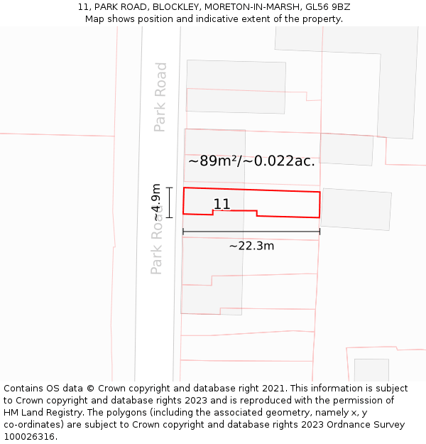 11, PARK ROAD, BLOCKLEY, MORETON-IN-MARSH, GL56 9BZ: Plot and title map