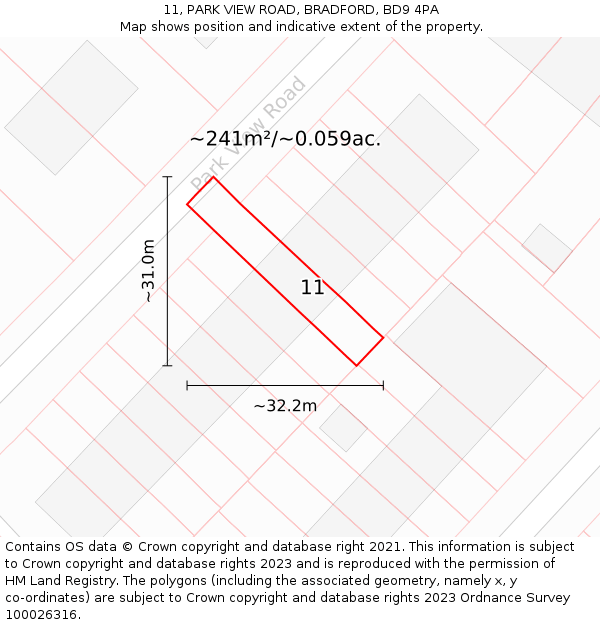11, PARK VIEW ROAD, BRADFORD, BD9 4PA: Plot and title map