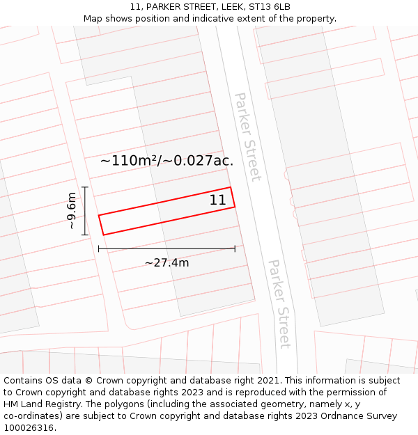 11, PARKER STREET, LEEK, ST13 6LB: Plot and title map