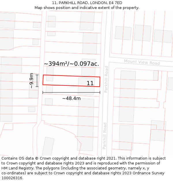 11, PARKHILL ROAD, LONDON, E4 7ED: Plot and title map
