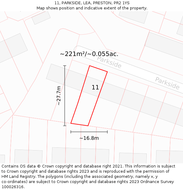 11, PARKSIDE, LEA, PRESTON, PR2 1YS: Plot and title map
