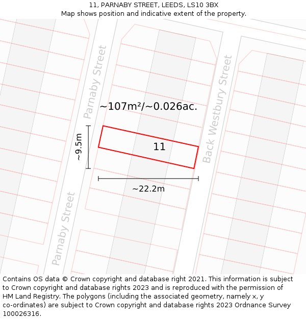 11, PARNABY STREET, LEEDS, LS10 3BX: Plot and title map