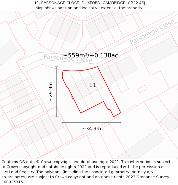 11, PARSONAGE CLOSE, DUXFORD, CAMBRIDGE, CB22 4SJ: Plot and title map