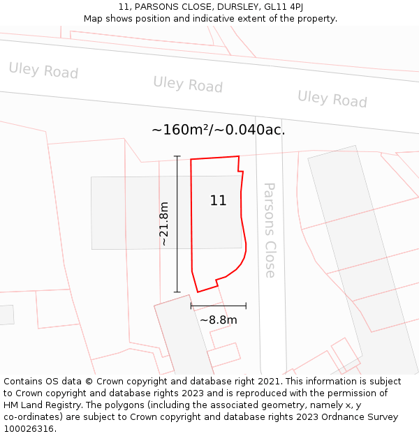 11, PARSONS CLOSE, DURSLEY, GL11 4PJ: Plot and title map