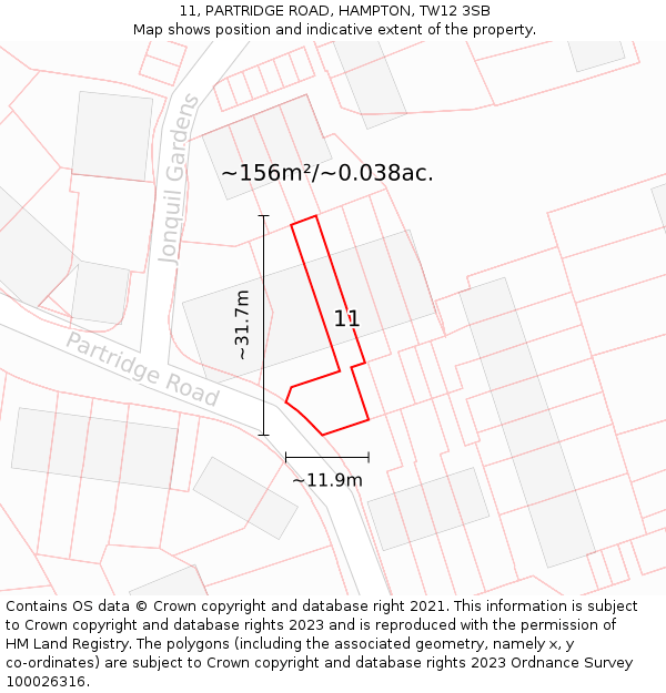 11, PARTRIDGE ROAD, HAMPTON, TW12 3SB: Plot and title map