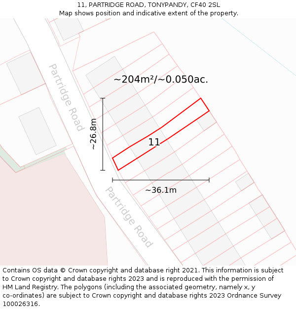 11, PARTRIDGE ROAD, TONYPANDY, CF40 2SL: Plot and title map