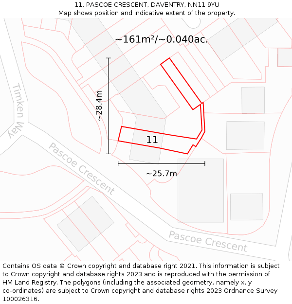 11, PASCOE CRESCENT, DAVENTRY, NN11 9YU: Plot and title map