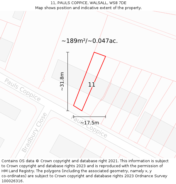 11, PAULS COPPICE, WALSALL, WS8 7DE: Plot and title map