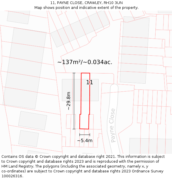 11, PAYNE CLOSE, CRAWLEY, RH10 3UN: Plot and title map