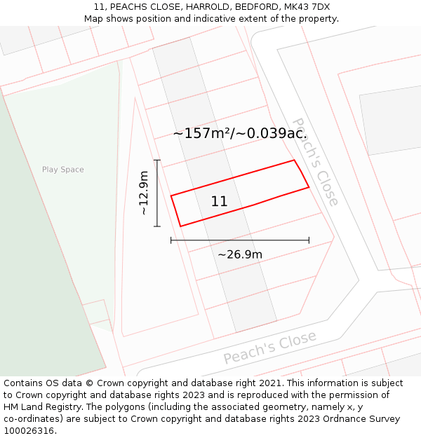 11, PEACHS CLOSE, HARROLD, BEDFORD, MK43 7DX: Plot and title map