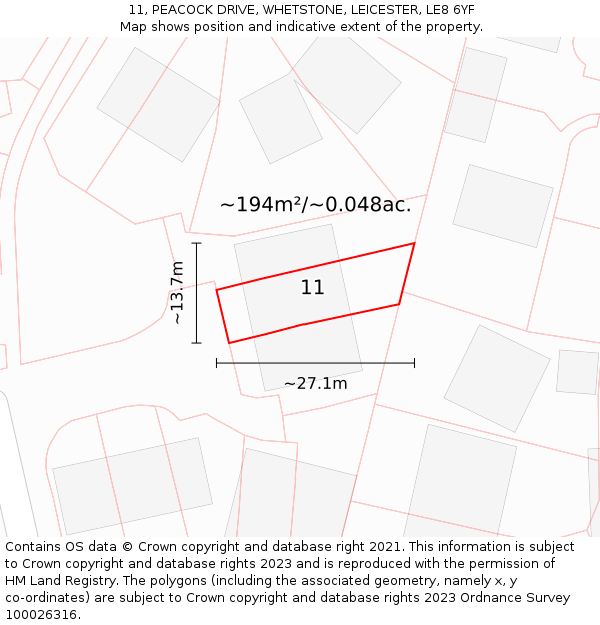 11, PEACOCK DRIVE, WHETSTONE, LEICESTER, LE8 6YF: Plot and title map