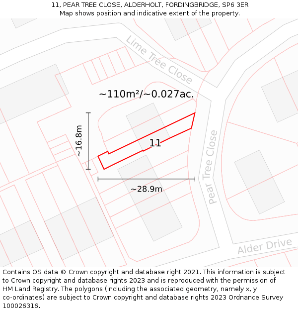 11, PEAR TREE CLOSE, ALDERHOLT, FORDINGBRIDGE, SP6 3ER: Plot and title map