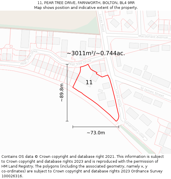 11, PEAR TREE DRIVE, FARNWORTH, BOLTON, BL4 9RR: Plot and title map