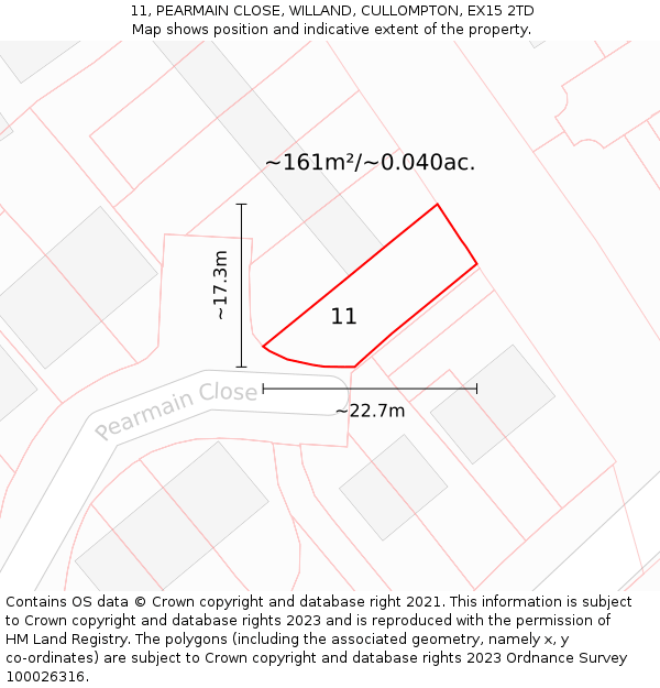 11, PEARMAIN CLOSE, WILLAND, CULLOMPTON, EX15 2TD: Plot and title map