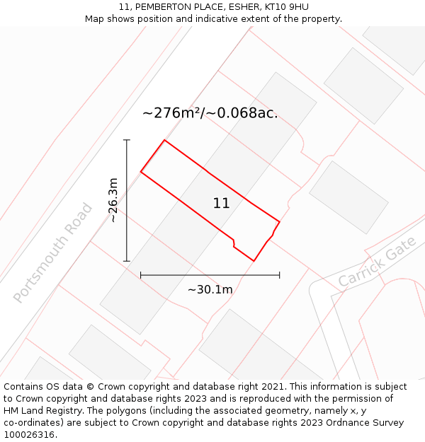 11, PEMBERTON PLACE, ESHER, KT10 9HU: Plot and title map