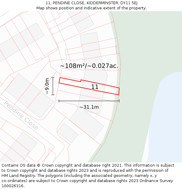 11, PENDINE CLOSE, KIDDERMINSTER, DY11 5EJ: Plot and title map