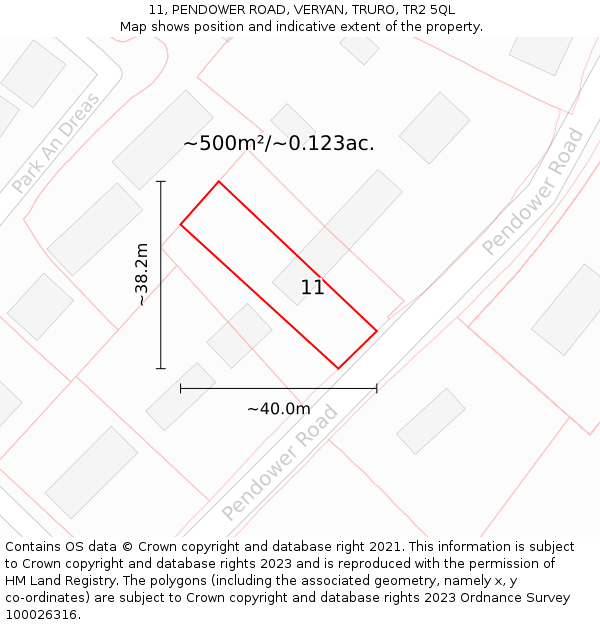 11, PENDOWER ROAD, VERYAN, TRURO, TR2 5QL: Plot and title map