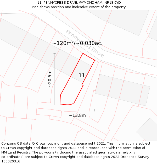 11, PENNYCRESS DRIVE, WYMONDHAM, NR18 0YD: Plot and title map