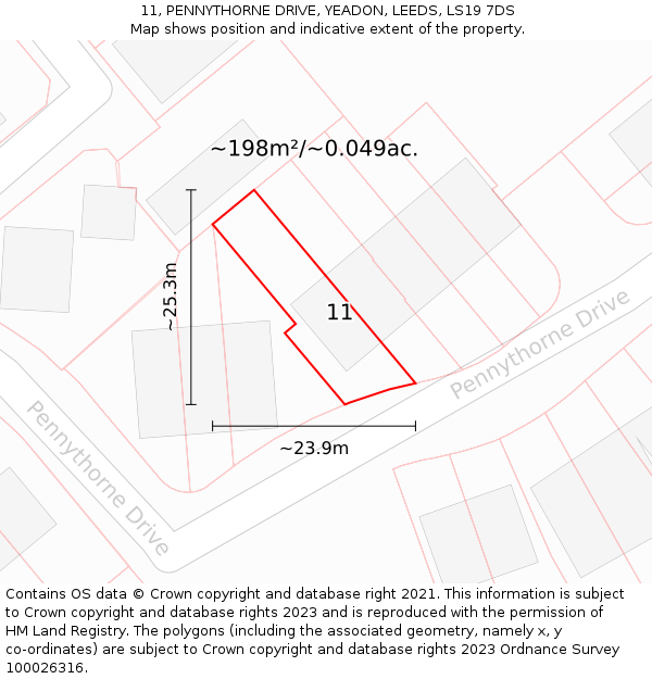 11, PENNYTHORNE DRIVE, YEADON, LEEDS, LS19 7DS: Plot and title map