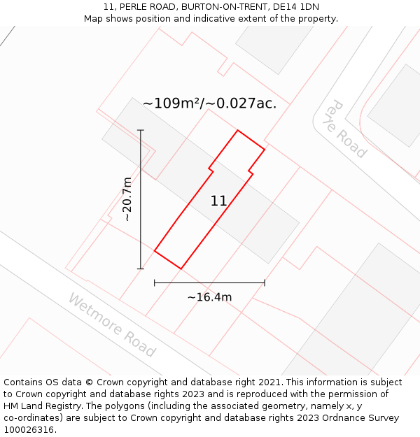 11, PERLE ROAD, BURTON-ON-TRENT, DE14 1DN: Plot and title map