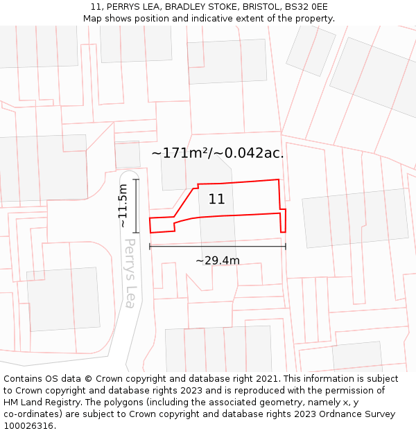 11, PERRYS LEA, BRADLEY STOKE, BRISTOL, BS32 0EE: Plot and title map