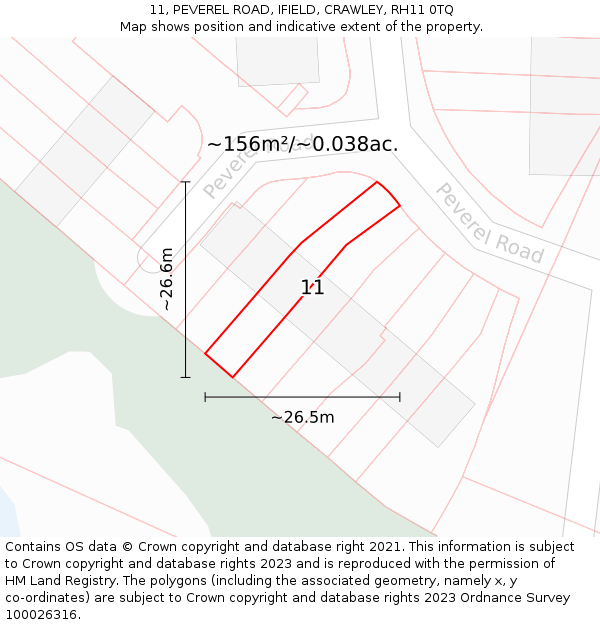 11, PEVEREL ROAD, IFIELD, CRAWLEY, RH11 0TQ: Plot and title map