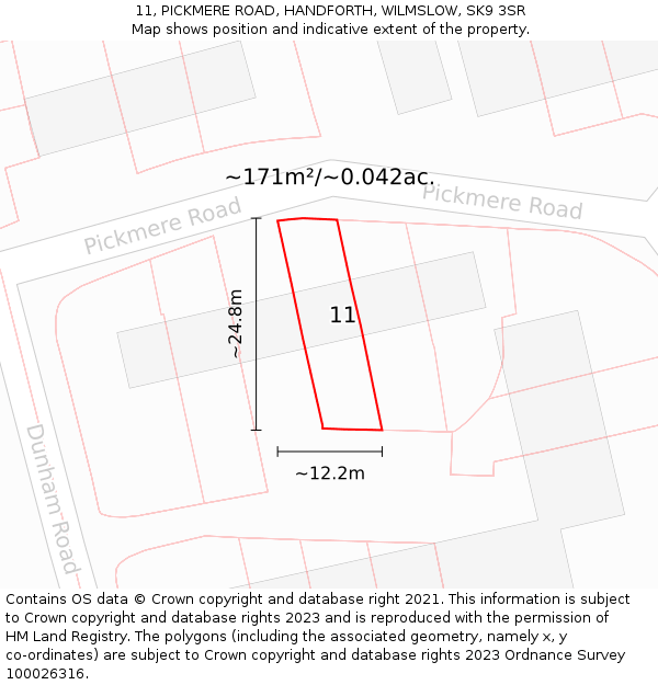 11, PICKMERE ROAD, HANDFORTH, WILMSLOW, SK9 3SR: Plot and title map