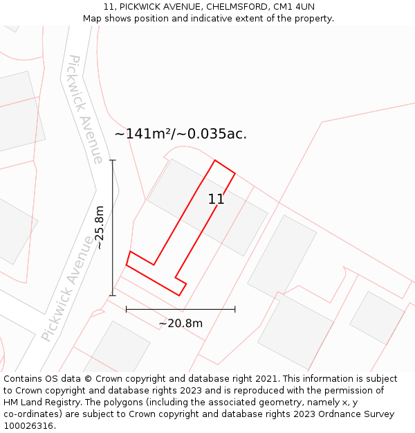 11, PICKWICK AVENUE, CHELMSFORD, CM1 4UN: Plot and title map