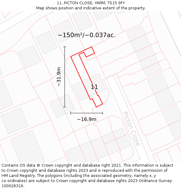 11, PICTON CLOSE, YARM, TS15 9FY: Plot and title map