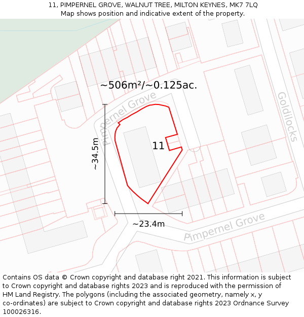 11, PIMPERNEL GROVE, WALNUT TREE, MILTON KEYNES, MK7 7LQ: Plot and title map