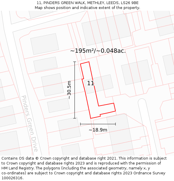 11, PINDERS GREEN WALK, METHLEY, LEEDS, LS26 9BE: Plot and title map