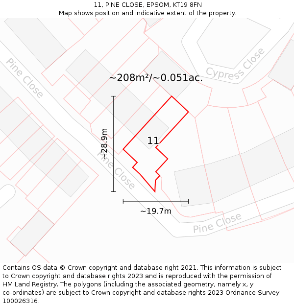 11, PINE CLOSE, EPSOM, KT19 8FN: Plot and title map