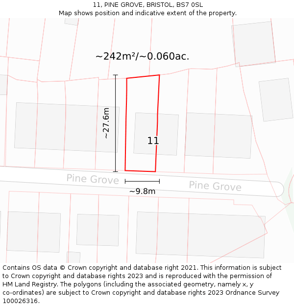 11, PINE GROVE, BRISTOL, BS7 0SL: Plot and title map