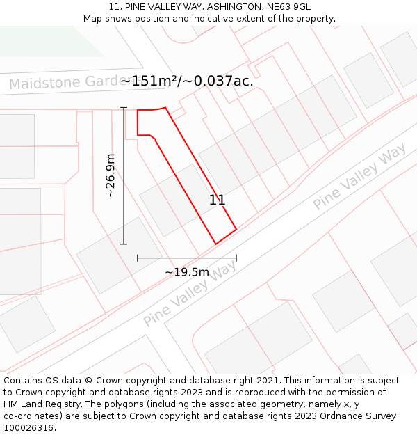 11, PINE VALLEY WAY, ASHINGTON, NE63 9GL: Plot and title map