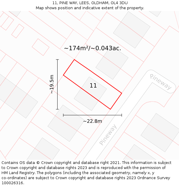 11, PINE WAY, LEES, OLDHAM, OL4 3DU: Plot and title map
