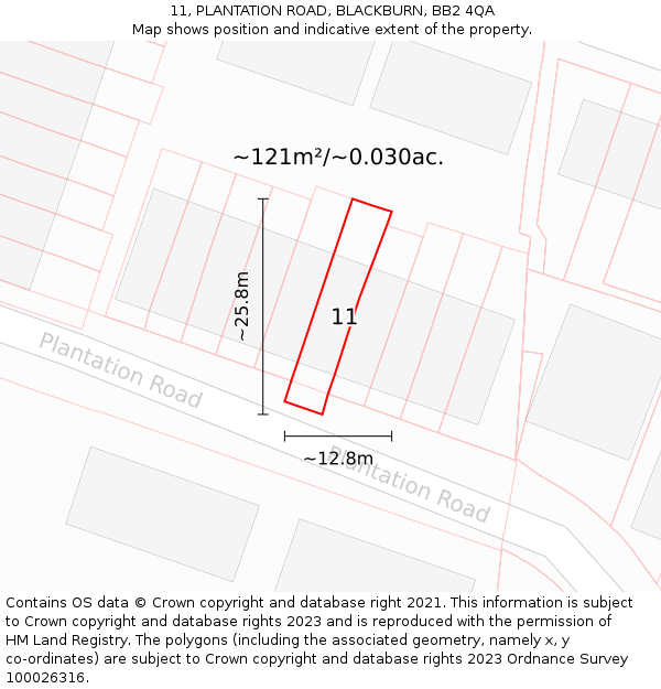 11, PLANTATION ROAD, BLACKBURN, BB2 4QA: Plot and title map