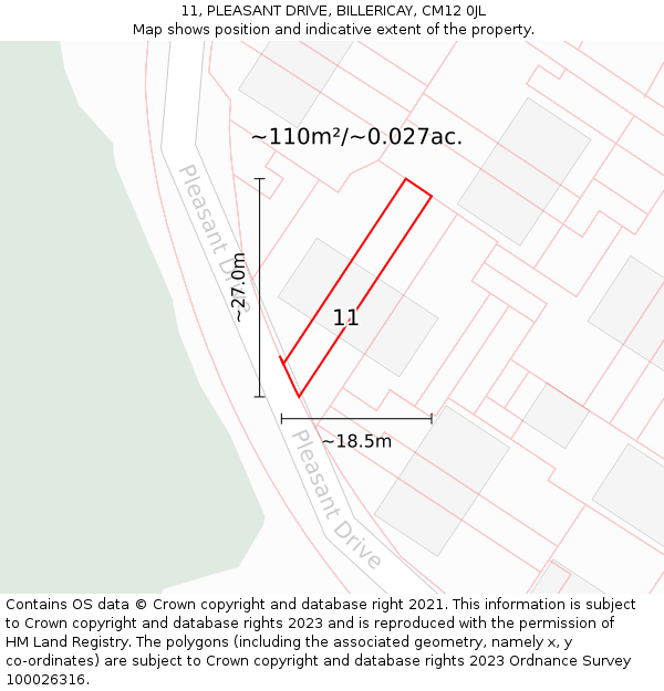 11, PLEASANT DRIVE, BILLERICAY, CM12 0JL: Plot and title map