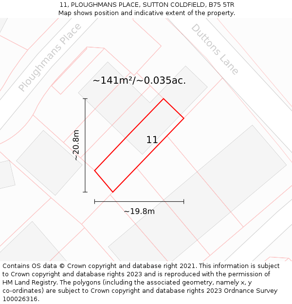 11, PLOUGHMANS PLACE, SUTTON COLDFIELD, B75 5TR: Plot and title map