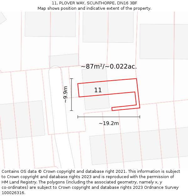 11, PLOVER WAY, SCUNTHORPE, DN16 3BF: Plot and title map