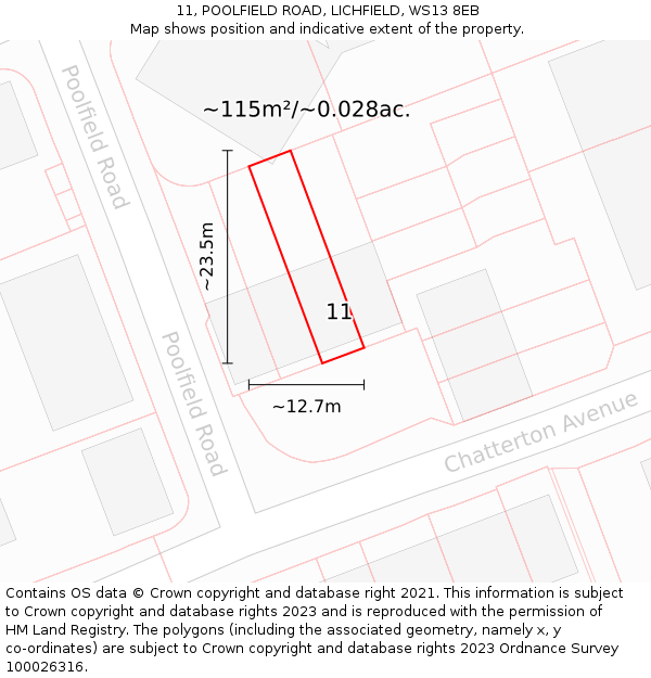 11, POOLFIELD ROAD, LICHFIELD, WS13 8EB: Plot and title map