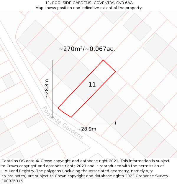 11, POOLSIDE GARDENS, COVENTRY, CV3 6AA: Plot and title map